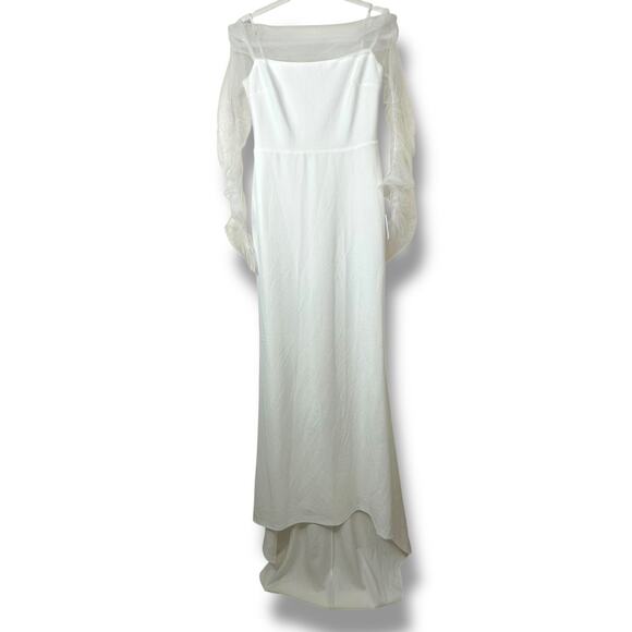 Lulus Bridal NWT Beautifully Beloved White Mesh Off-the-Shoulder Gown Maxi Dress - Picture 3 of 10